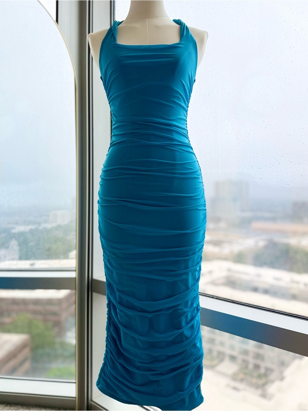 Oh Polly Teal Ruched Halter Midi Dress in Blue